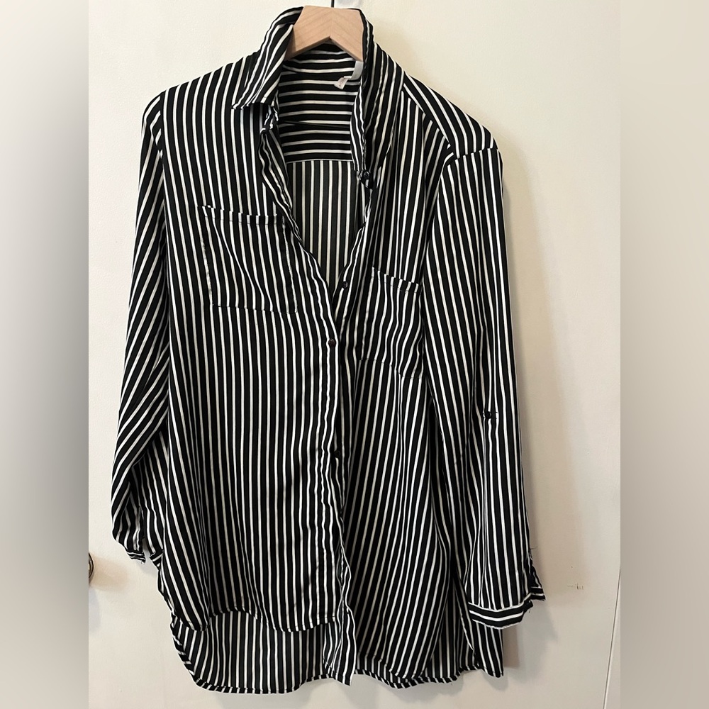 Black and White Striped Button-Up Shirt
